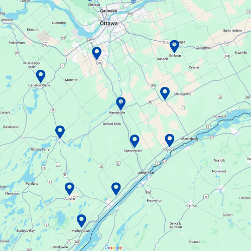 Emdecon Inc. service areas including Ottawa, Kingston, Carleton Place, Merrickville, Winchester, Smiths Falls, and more nearby areas.