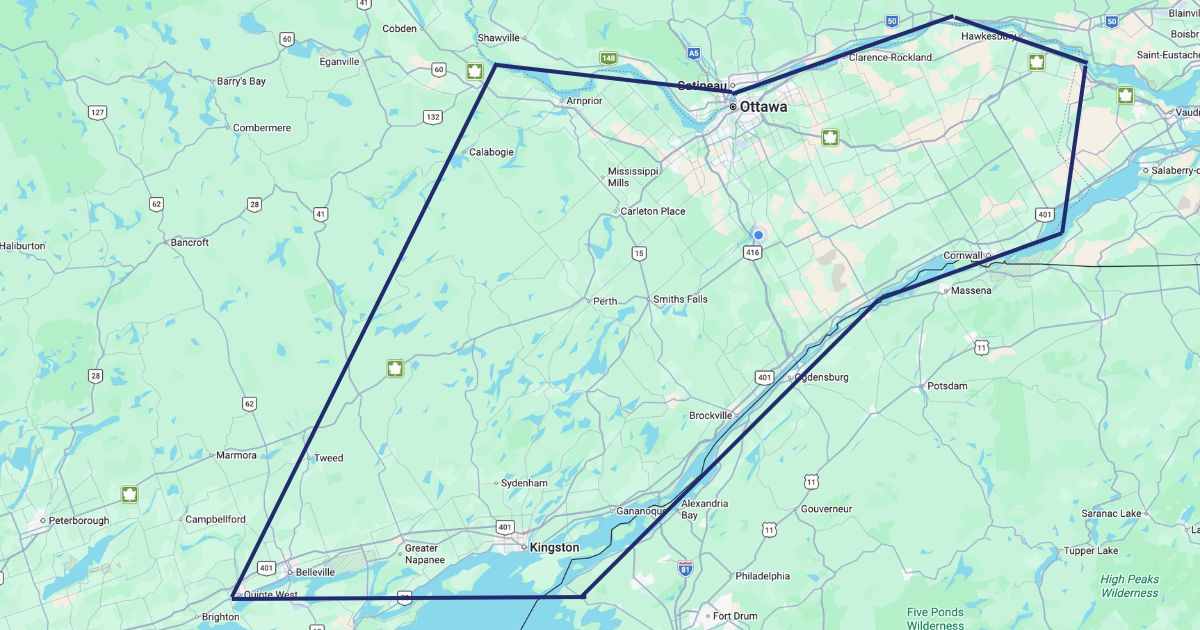Emdecon Inc. service areas including Ottawa, Kingston, Carleton Place, Merrickville, Winchester, Smiths Falls, and more nearby areas.