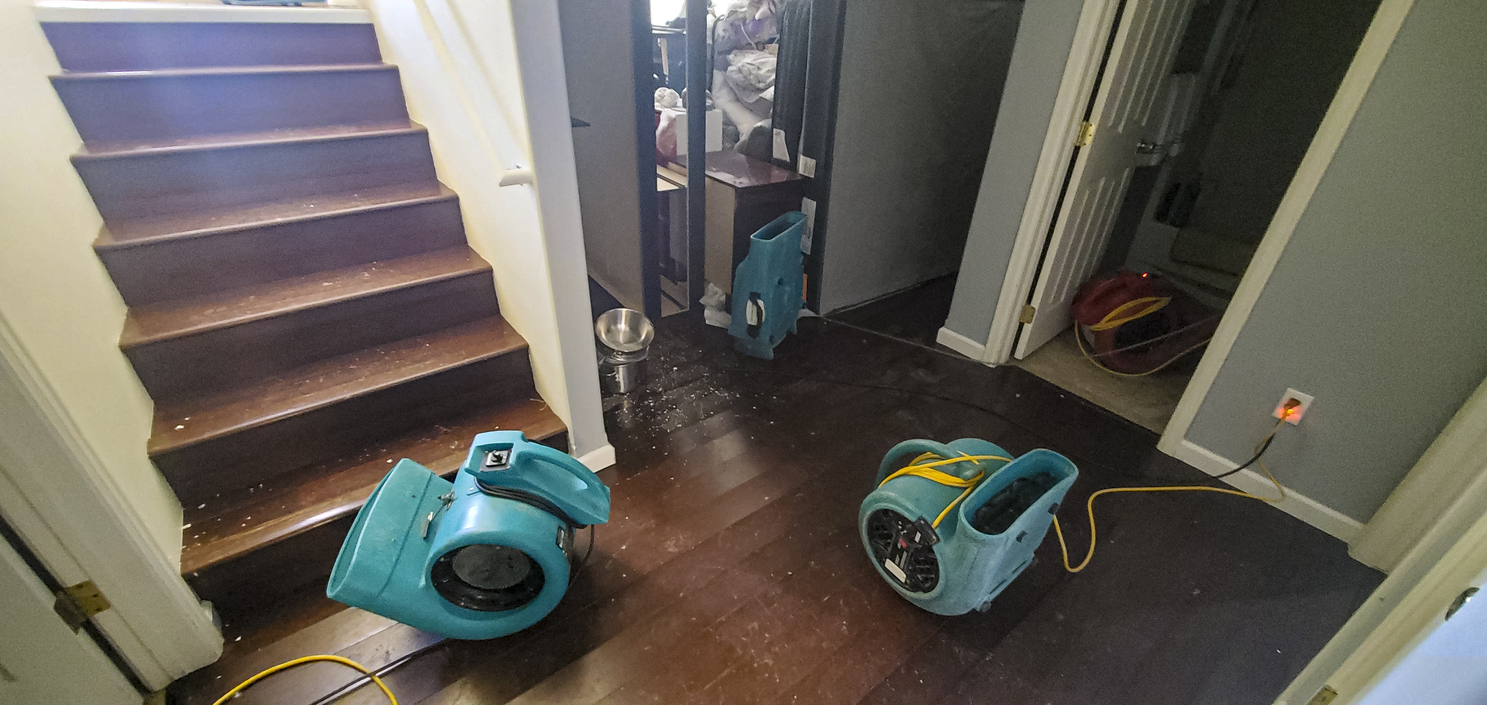 Crime Scene Cleaners in Ottawa carry a spray bottle, and cleaning supplies in a home.